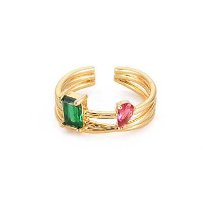 Teardrop Rectangle Glass Open Cuff Ring RJEW-S049-013G-1