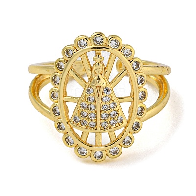 Oval with Virgin Mary Brass Micro Pave Clear Cubic Zirconia Open Cuff Rings for Women RJEW-Z050-16G-1