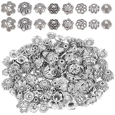 240Pcs 8 Styles Tibetan Style Alloy Flower Beads Caps FIND-SP0001-66-1