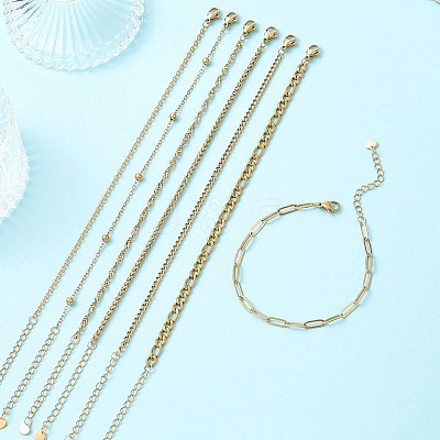 7Pcs 304 Stainless Steel Curb Chains & Water Wave Chains & Cable Chains & Figaro Chains & Wheat Chains Chain Bracelets Set for Women BJEW-JB12915-1
