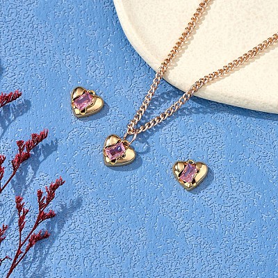 5 Pieces Heart Brass Charm with Pink Cubic Zirconia Valentine's Day Pendant Love Charm Pendant for Jewelry Earring Making Crafts JX384A-1