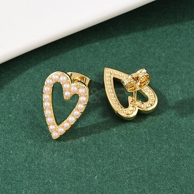 Brass ABS Plastic Pearl Hollow Heart Stud Earrings EJEW-L275-14G-01-1