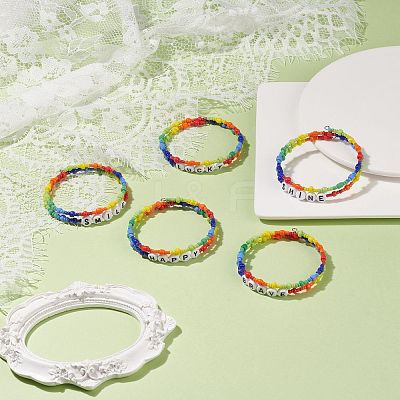 Colorful Acrylic Word & Glass Seed Beaded Wrap Bangle BJEW-JB08561-1