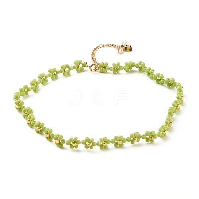 Glass Seed Beaded Flower Necklace with Alloy Enamel Bee Charm NJEW-JN03817-02-1
