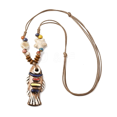 Ceramic Fish Pendant Adjustable Waxed Cord Necklaces for Women NJEW-B146-01-1
