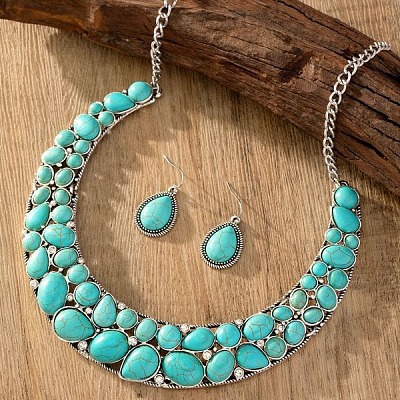Teardrop Synthetic Turquoise Pendant Necklaces & Dangle Earrings Sets FS-WGC94F7-01-1