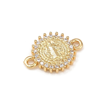 Brass Pave Clear Cubic Zirconia Religion Flat Round with Saint Connector Charms KK-L255-09G-02-1
