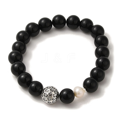 Natural Pearl & Obsidian & Brass Round Stretch Bracelets BJEW-C051-24-1