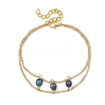 Brass Cable Chains & Rice Natural Cultured Freshwater Pearl Double Layers Bracelets for Women BJEW-JB14135-02-1