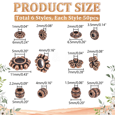 300Pcs 6 Styles Tibetan Style Alloy Spacer Beads FIND-PH0020-41R-1