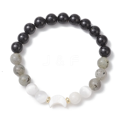 Natural Selenite & Labradorite & Black Tourmaline & Shell Beaded Stretch Bracelets for Women X-BJEW-JB13084-1