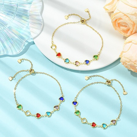 Adjustable Brass Glass Heart Link Chain Slider Bracelets for Women BJEW-JB14162-1