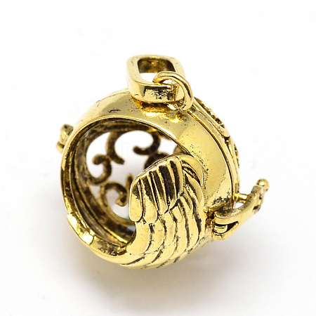Brass Hollow Round with Wing Cage Pendants KK-E644-42AG-NR-1