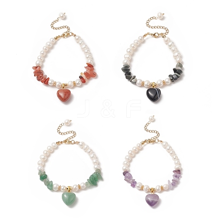 4Pcs 4 Style Natura Mixed Gemstone & Shell Beaded Bracelets Set with Heart Charms for Women BJEW-TA00242-1