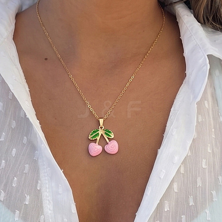 304 Stainless Steel Enamel Cherry Pendant Necklaces for Women WGA375D-03-1