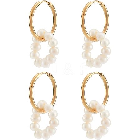  2 Pairs Natural Pearl Beaded Ring Dangle Hoop Earrings for Girl Women EJEW-NB0001-06-1