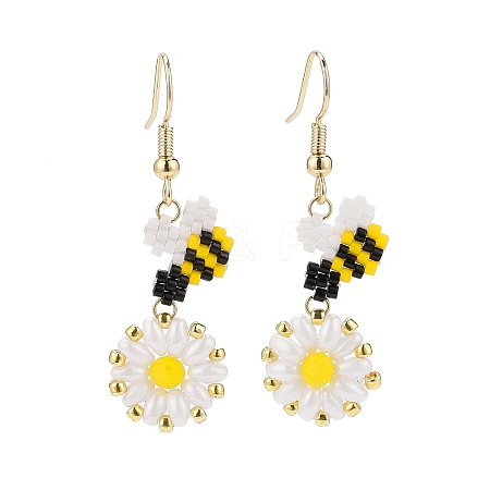 Glass Seed Braided Bee with Flower Dangle Earrings EJEW-MZ00025-1