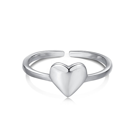 Rhodium Plated 925 Sterling Silver Heart Open Cuff Rings RJEW-A019-05P-1