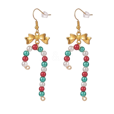 Glass Christmas Candy Cane with Alloy Bowknot Dangle Earrings EJEW-JE04971-01-1