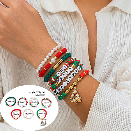 7pcs 7 Styles Christmas Theme Handmade Polymer Clay Hesihi & Imitation Pearl Beads Stretch Bracelet  & Handmade Polymer Clay Hesihi Beads Charm Bracelet Set for Women WG289FB-18-1