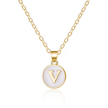 Alloy White Enamel Flat Round with Letter Pendant Necklaces FS-WG63565-22-1