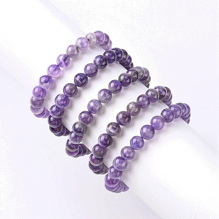 Natural Amethyst Round Beaded Stretch Bracelet X-BJEW-F293-04A-1