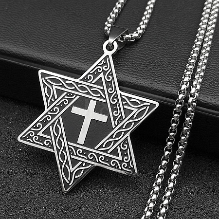 304 Stainless Steel Star of David with Cross Pendant Necklaces NJEW-S007-07P-1