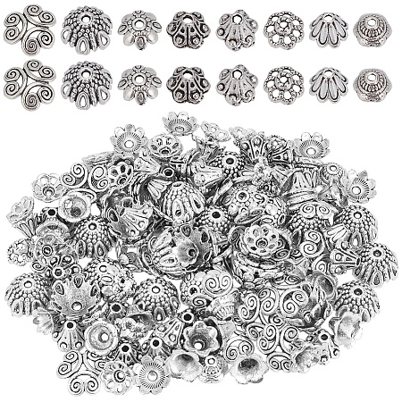 240Pcs 8 Styles Tibetan Style Alloy Flower Beads Caps FIND-SP0001-66-1