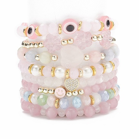 8Pcs 8 Style Mixed Gemstone & Shell Pearl & Cat Eye Stretch Bracelets Set BJEW-JB08782-1