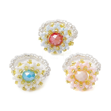 Flower Glass Seed Beaded Stretch Rings for Women RJEW-MZ00022-1