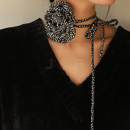 Leopard Print Pattern Fabric Rose Tie Choker Necklaces for Women NJEW-Z022-01I-1