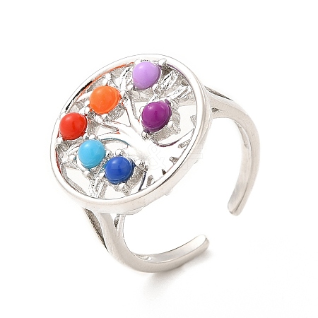 Colorful Resin Beaded Tree of Life Open Cuff Ring RJEW-G274-02P-1