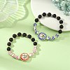2Pcs 2 Colors Handmade Printed Porcelain Floral Flat Round & Round Natural Lava Rock Beaded Stretch Bracelet Sets BJEW-JB14186-1
