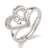 Heart with Letter Rack Plating Brass Micro Pave Clear Cubic Zirconia Adjustable Rings for Women RJEW-I105-01P-N-1