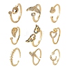 9Pcs 9 Style Brass Micro Pave Clear Cubic Zirconia Cuff Rings RJEW-LS0001-47G-1