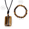 Natural Tiger Eye Round Beads Bracelets & Rectangle Pendant Necklaces Sets for Women WGAB457-01-5