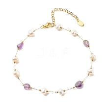 Natural Amethyst & Pearl Beaded Anklet AJEW-AN00500-03