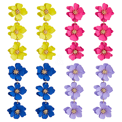 4 Pairs 4 Colors Alloy Flower Dangle Stud Earrings for Women EJEW-FI0002-99-1