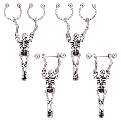 4Pcs 2 Style Stainless Steel Skeleton Skull Dangle Hoop Earrings for Women EJEW-AN0002-52-1