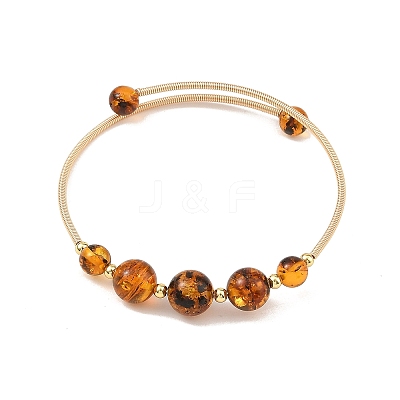 Natural Amber Round Graduated Beaded Brass Cuff Bangles BJEW-JB14463-01-1
