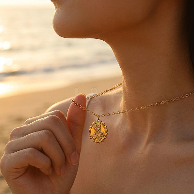 304 Stainless Steel Embossed Flower Oval Pendant Necklaces for Women WGAFB1B-01-1