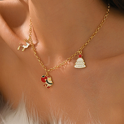 Brass Enamel Christmas Tree Santa Claus Reindeer Pendant Bib Necklaces for Women SB7125-1