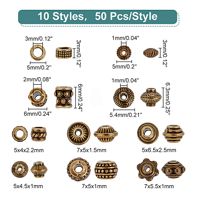 500Pcs 10 Styles Tibetan Style Alloy Spacer Beads TIBEB-PH0004-96-1