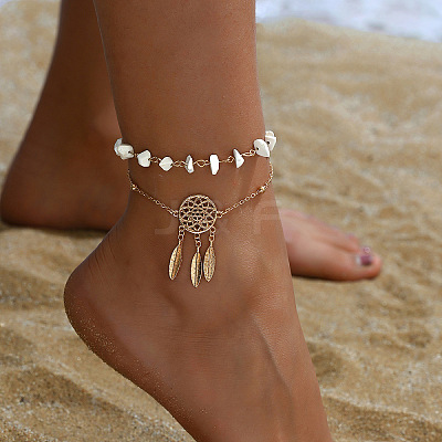Plastic Imitation Gemstone Chip Beaded Alloy Woven Web/Net with Feather Double Layer Anklets for Women FS-WG3D403-02-1