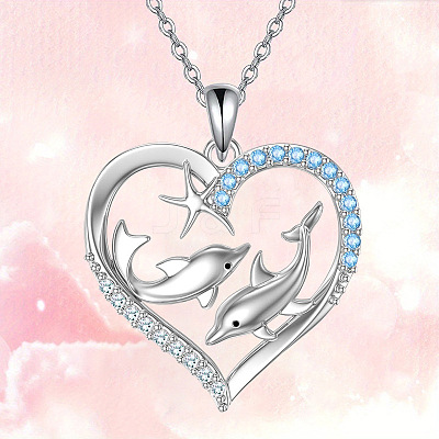 Heart with Dolphin Alloy Rhinestone Pendant Necklaces & Dangle Earrings Sets for Women FS-WGEAD9B-01-1