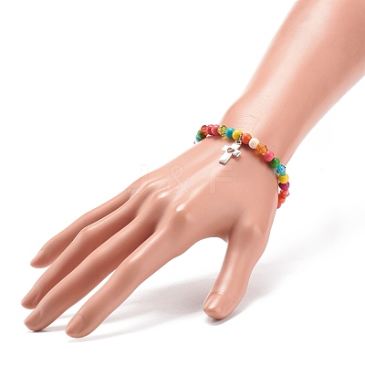 Synthetic Turquoise(Dyed) & Acrylic Beaded Stretch Bracelet with Alloy Charm for Women BJEW-JB08627-02-1