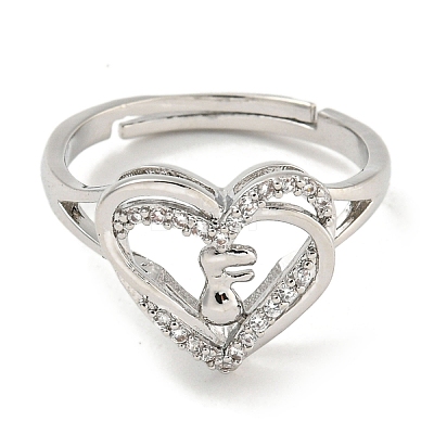 Heart with Letter Rack Plating Brass Micro Pave Clear Cubic Zirconia Adjustable Rings for Women RJEW-I105-01P-F-1