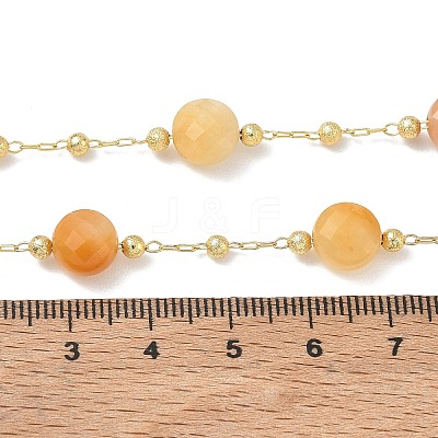 Natural Yellow Aventurine Faceted Flat Round Beaded Chain Necklaces with Matte Brass Beads GG-CBA37F5-01G-08-1