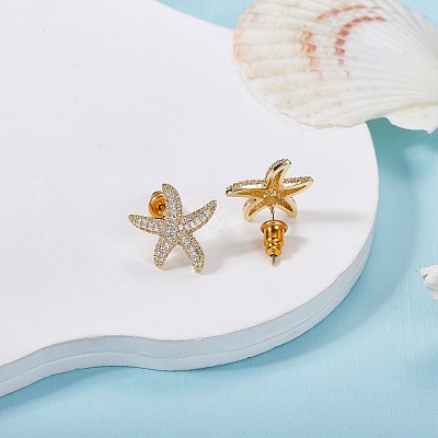 1 Pair Starfish Brass Micro Pave Clear Cubic Zirconia Studs Earrings EJEW-SZ0002-08G-1