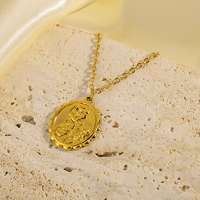 304 Stainless Steel Embossed Flower Oval Pendant Necklaces for Women WGAFB1B-01-1